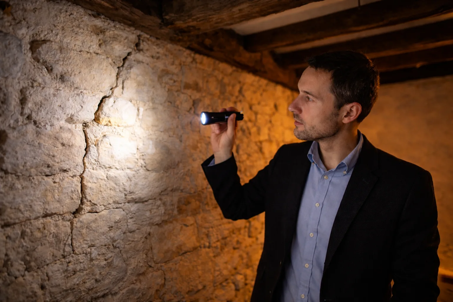 Expert examinant un mur en pierre ancien avec une lampe torche