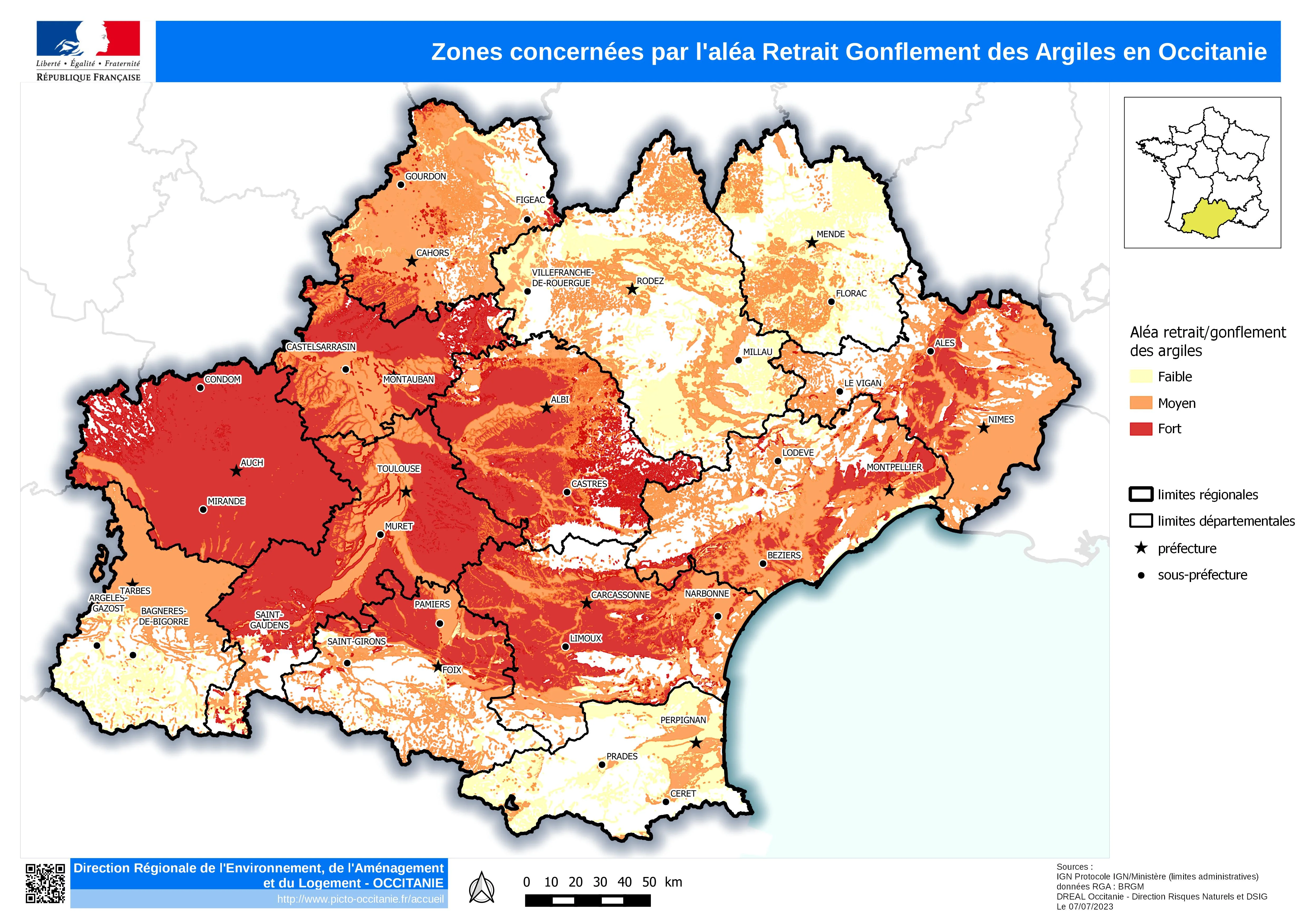 Carte de risque RGA sur un bureau avec un stylo pointant la zone de Toulouse
