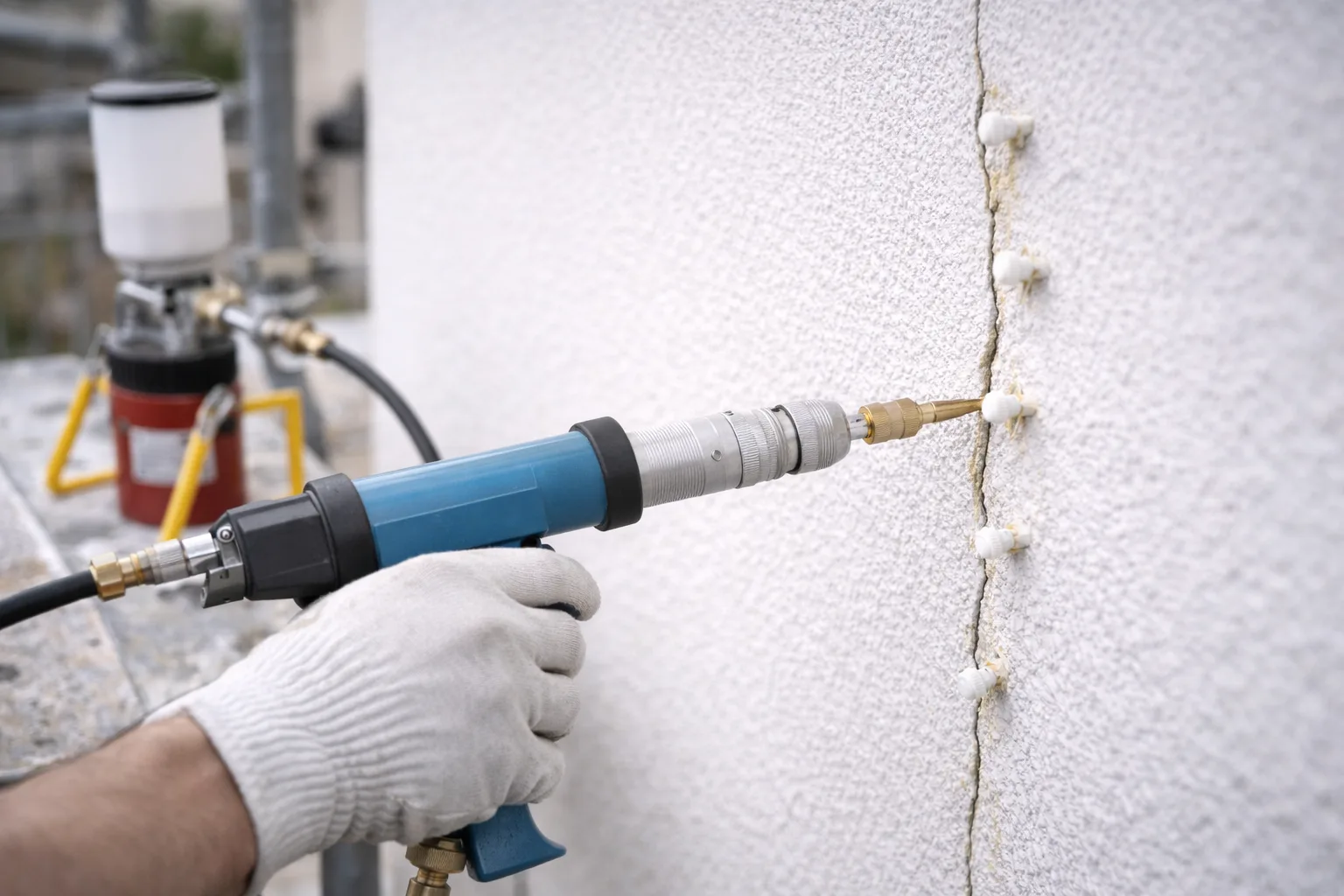 Technicien realisant une injection de resine dans une fissure de mur