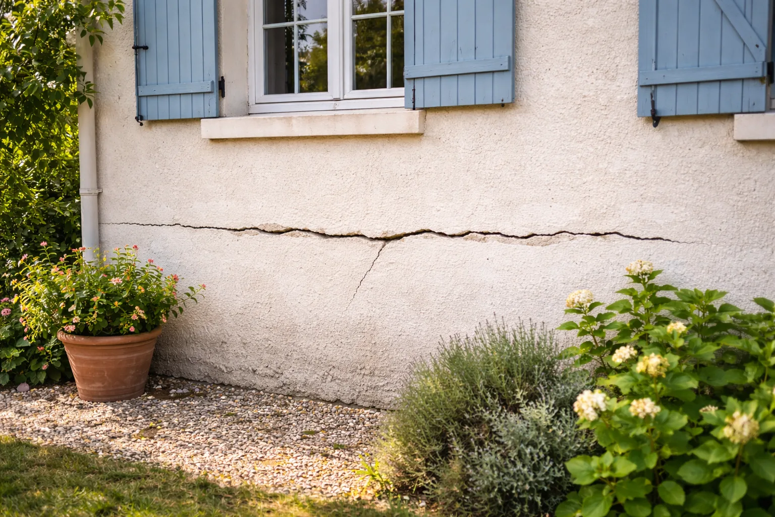 Fissure horizontale visible sous la ligne de fenetres d'une maison