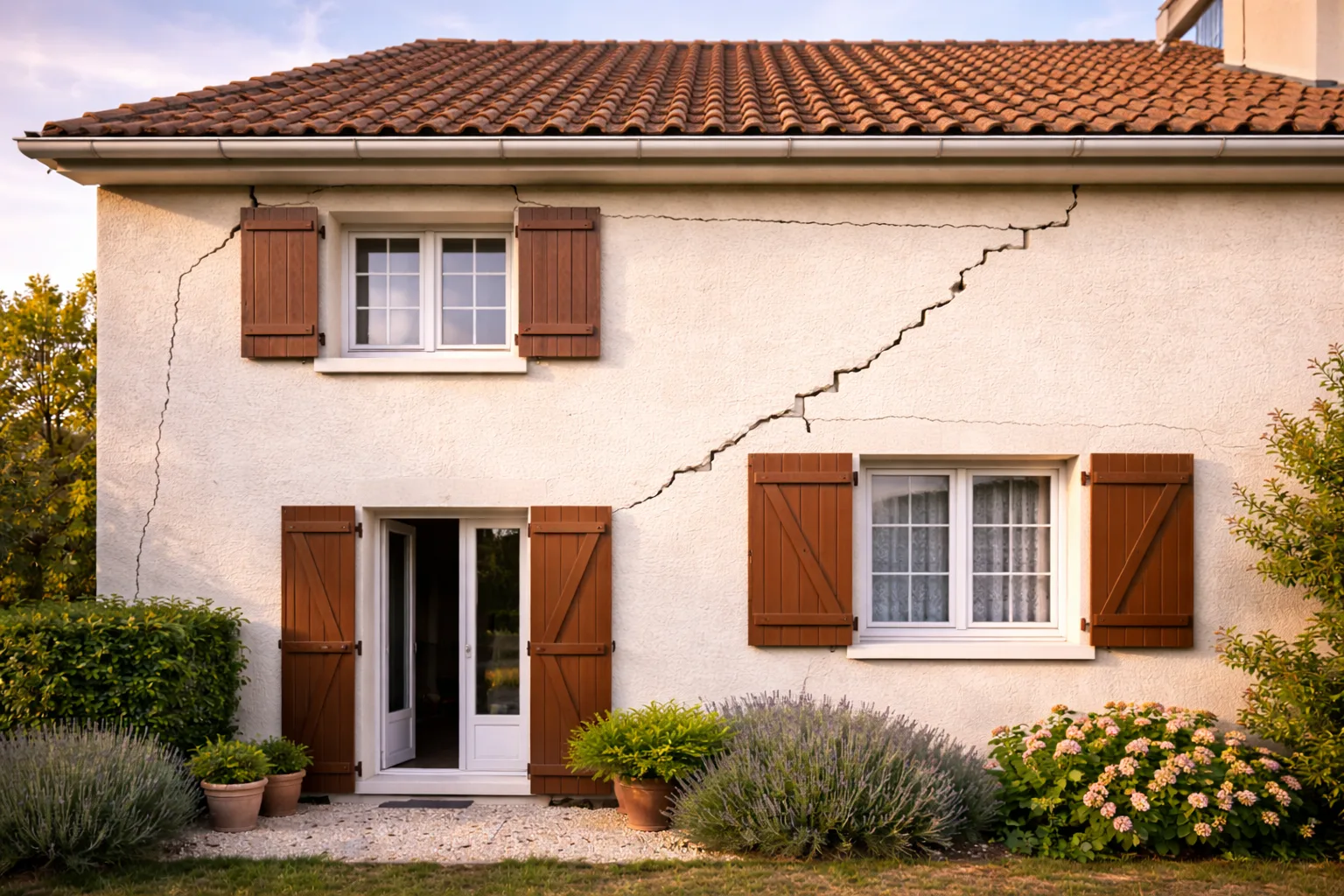 Facade de maison presentant plusieurs types de fissures