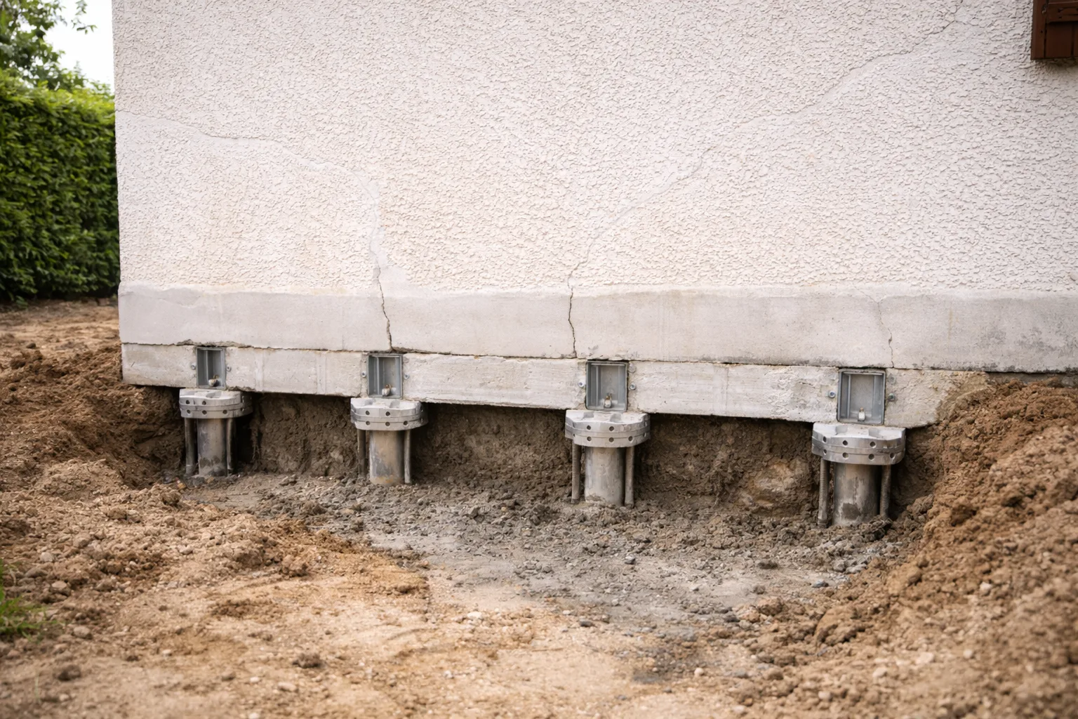 Base de fondation avec tetes de micropieux visibles apres installation