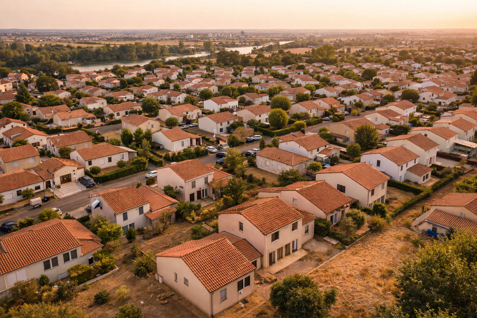 Vue aerienne d'un lotissement de pavillons en peripherie de Toulouse