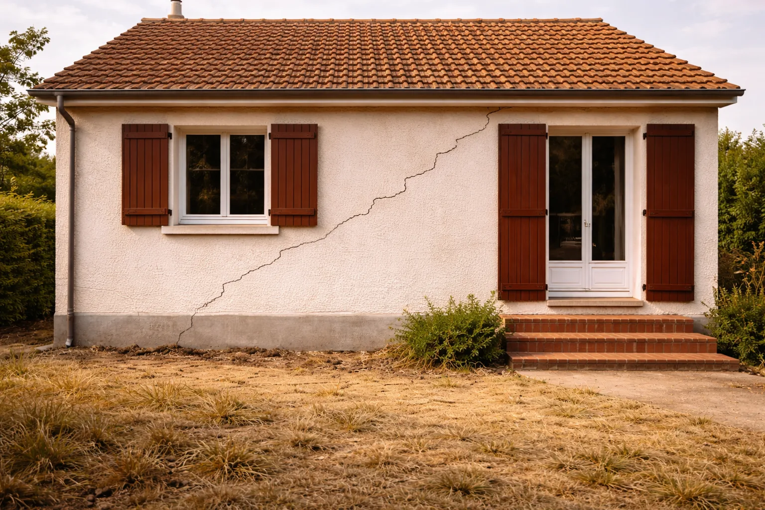 Fissures en escalier sur la facade d'un pavillon apres une periode de secheresse