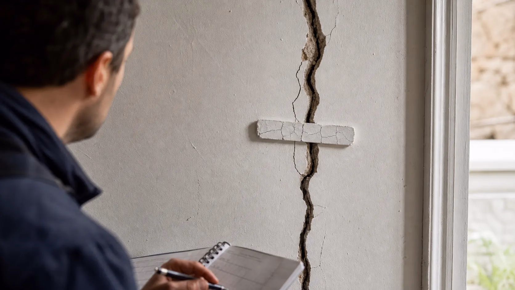 Gros plan sur une fissure verticale traversante dans un mur intérieur, avec un témoin en plâtre fissuré posé en travers pour surveiller son évolution