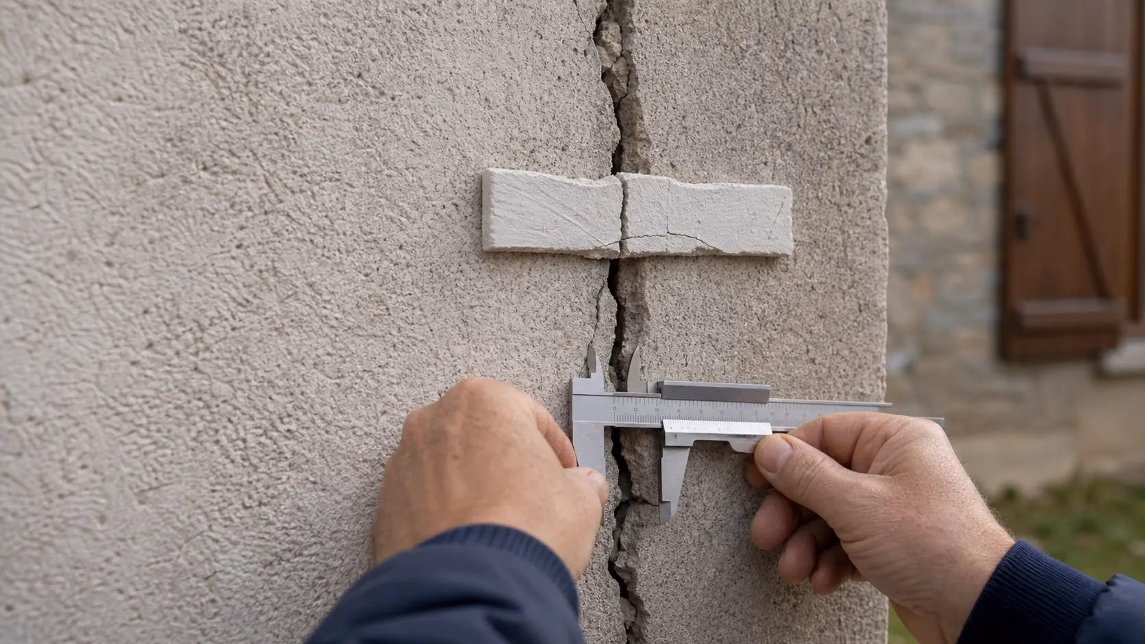 Gros plan sur une fissure verticale traversante mesurée au pied à coulisse, avec un témoin en plâtre fissuré posé en travers