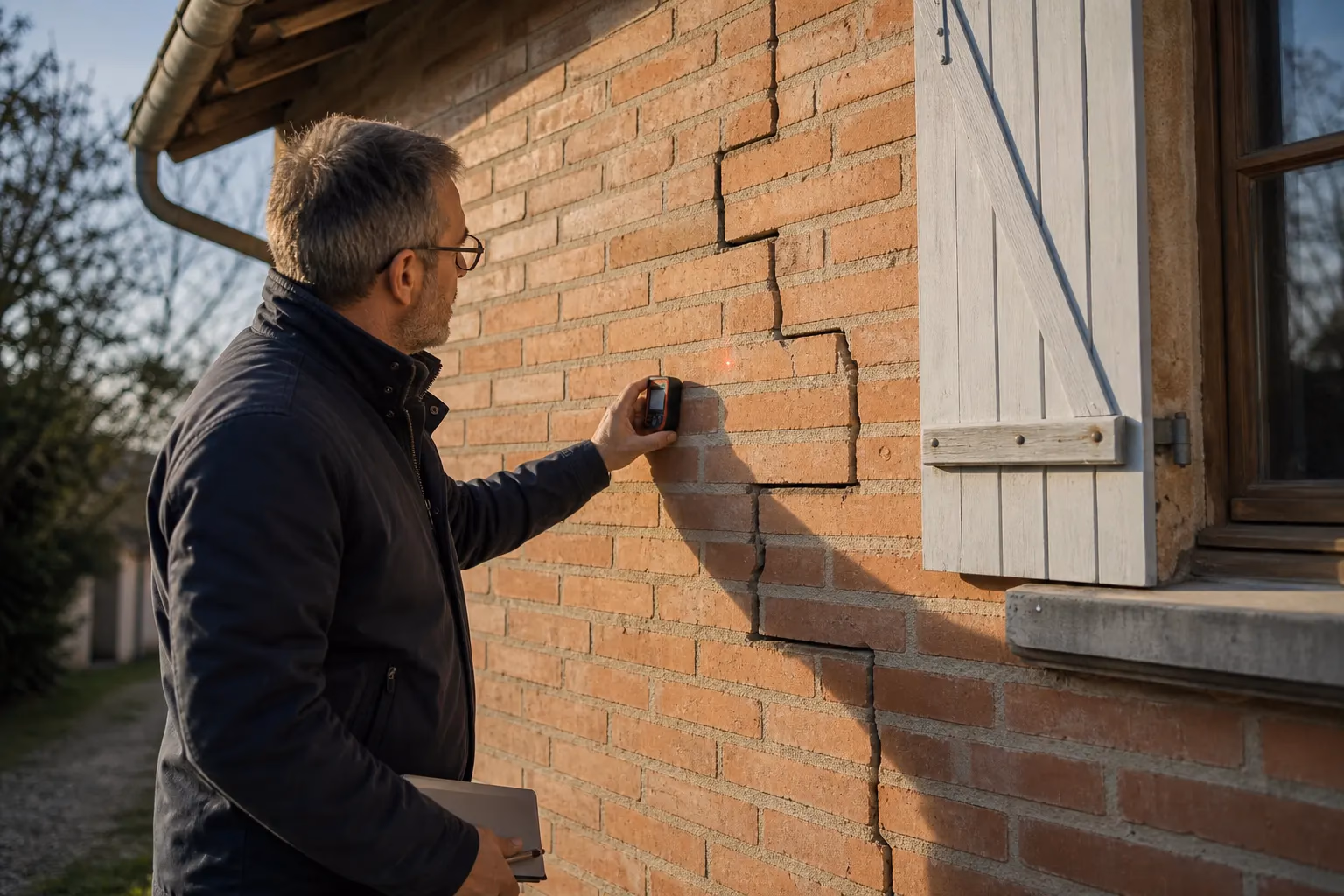Expert en bâtiment muni d&#39;un télémètre laser examine une fissure en escalier sur la façade en brique foraine d&#39;une maison individuelle du Lauragais