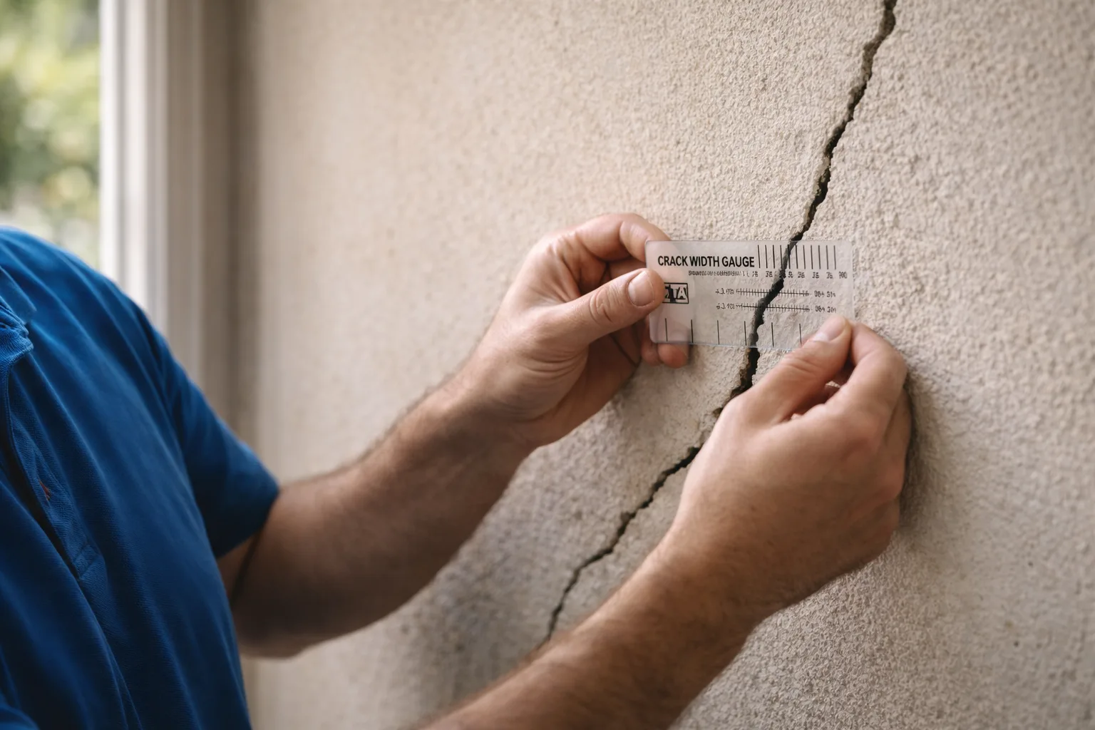 Expert mesurant la largeur d'une fissure avec un outil de mesure