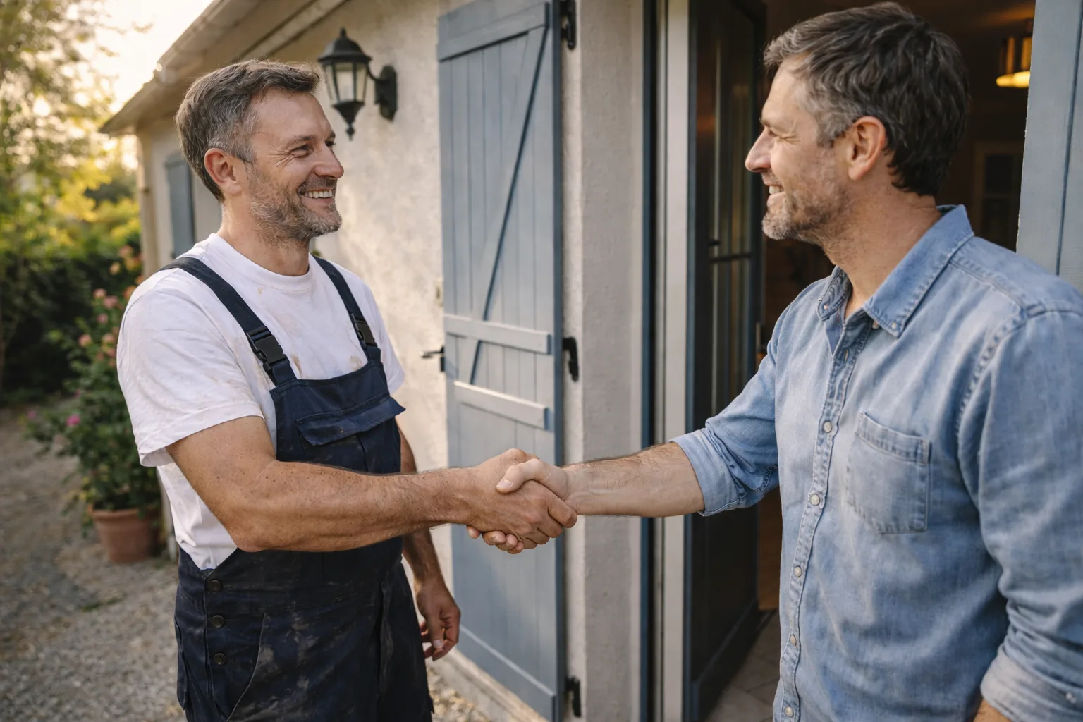 Artisan serrant la main d'un proprietaire devant sa maison
