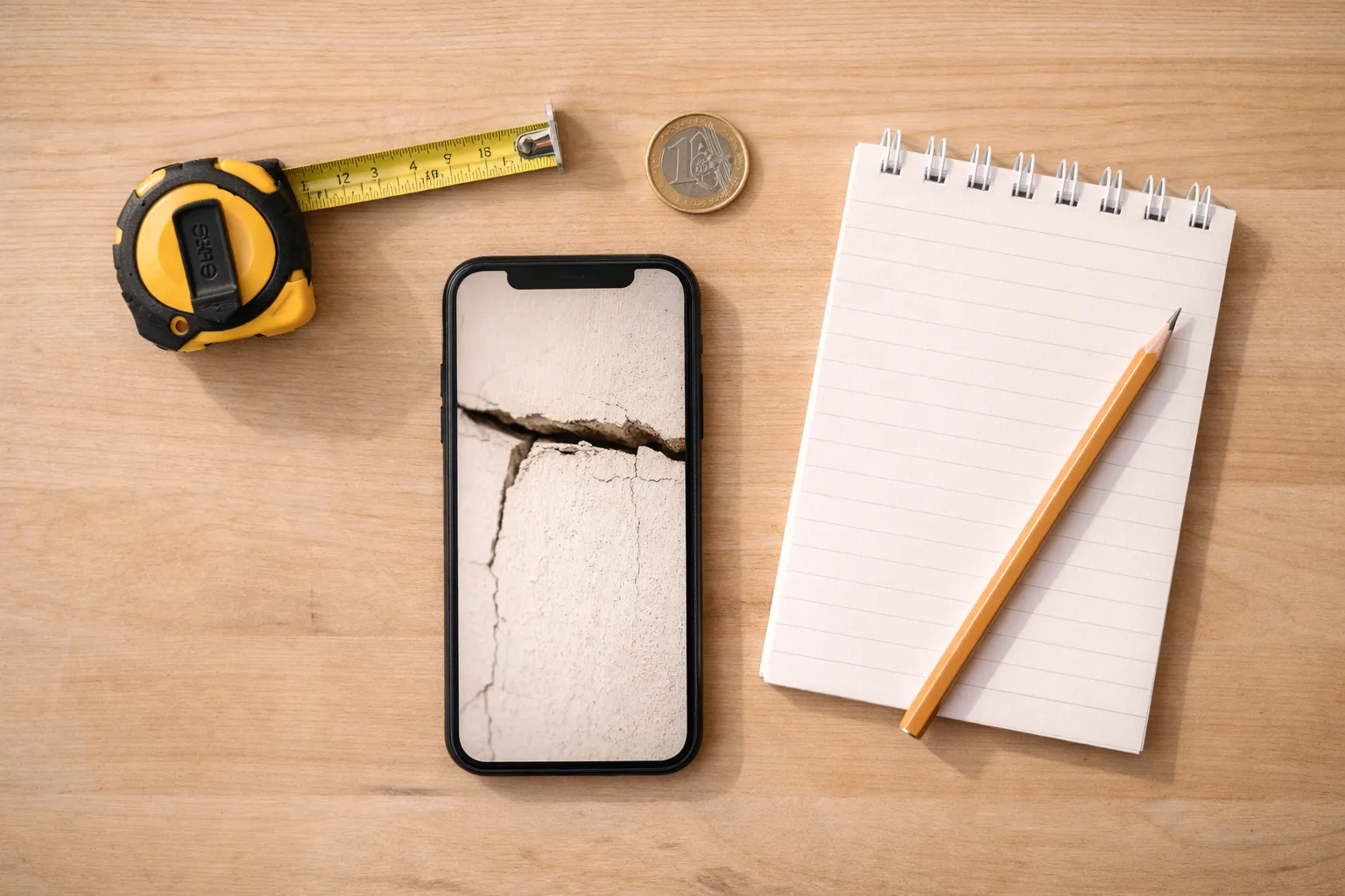 Smartphone photographiant une fissure avec une piece de monnaie pour l'echelle