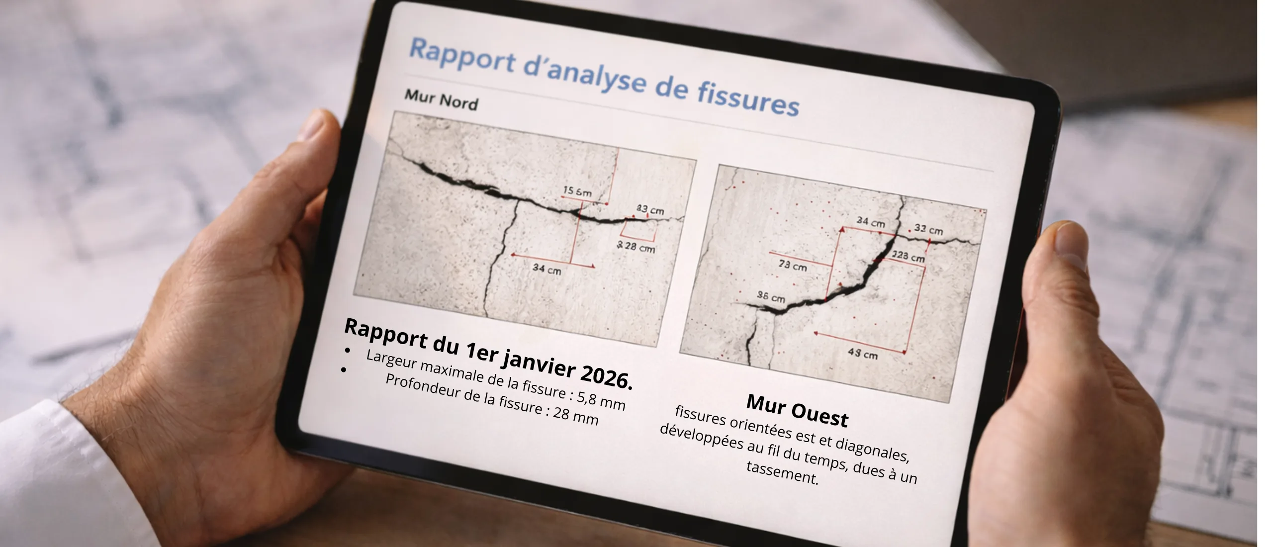 Expert analysant un rapport de diagnostic de fissure sur tablette