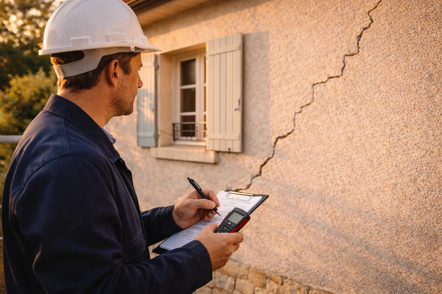 Expert en batiment analysant une fissure sur un mur exterieur
