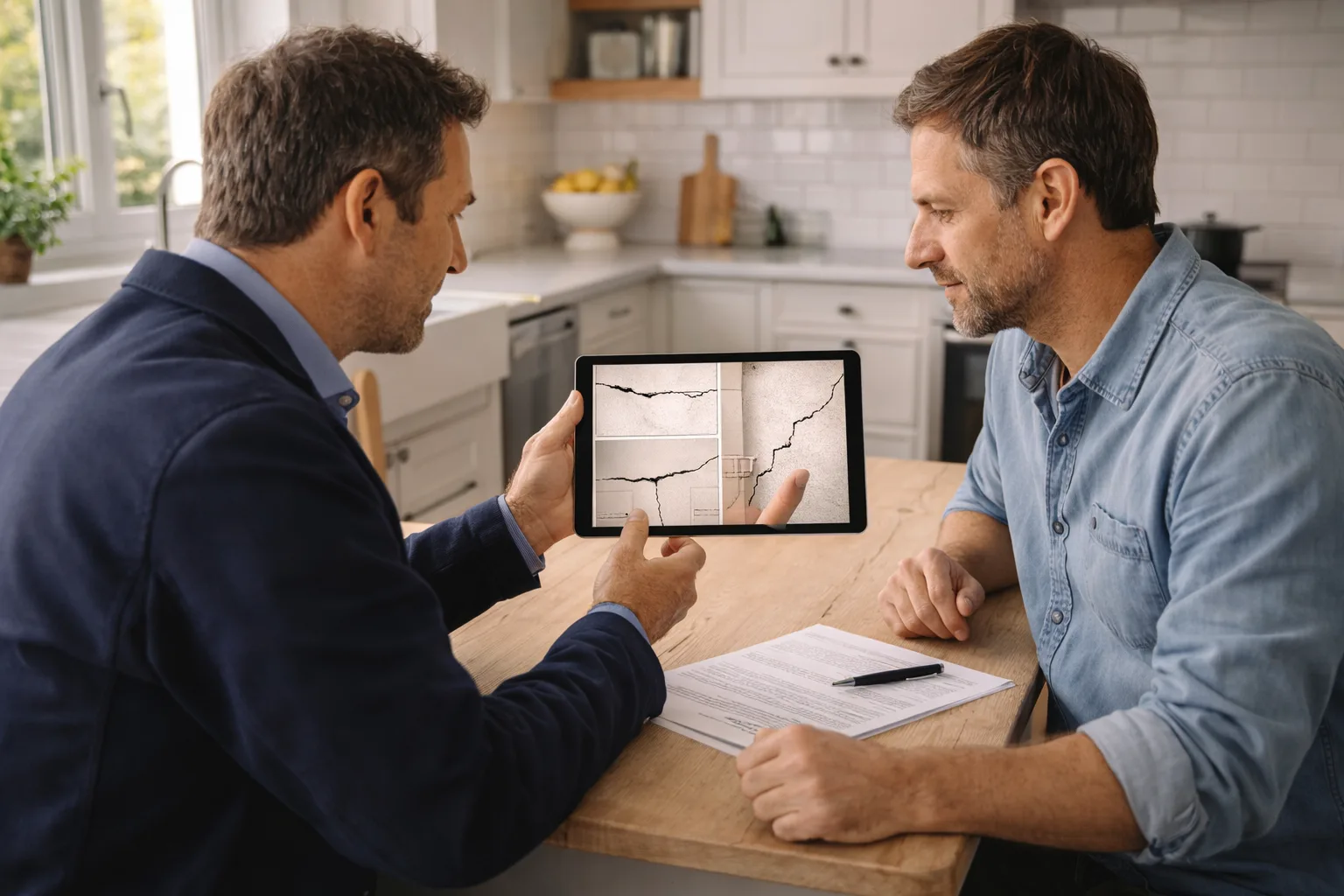 Expert en assurance et proprietaire examinant un rapport de fissures