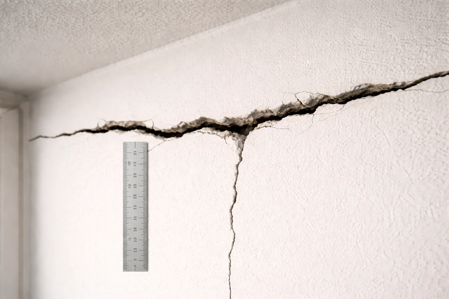 Fissure horizontale sur un mur porteur interieur avec piece de monnaie pour echelle