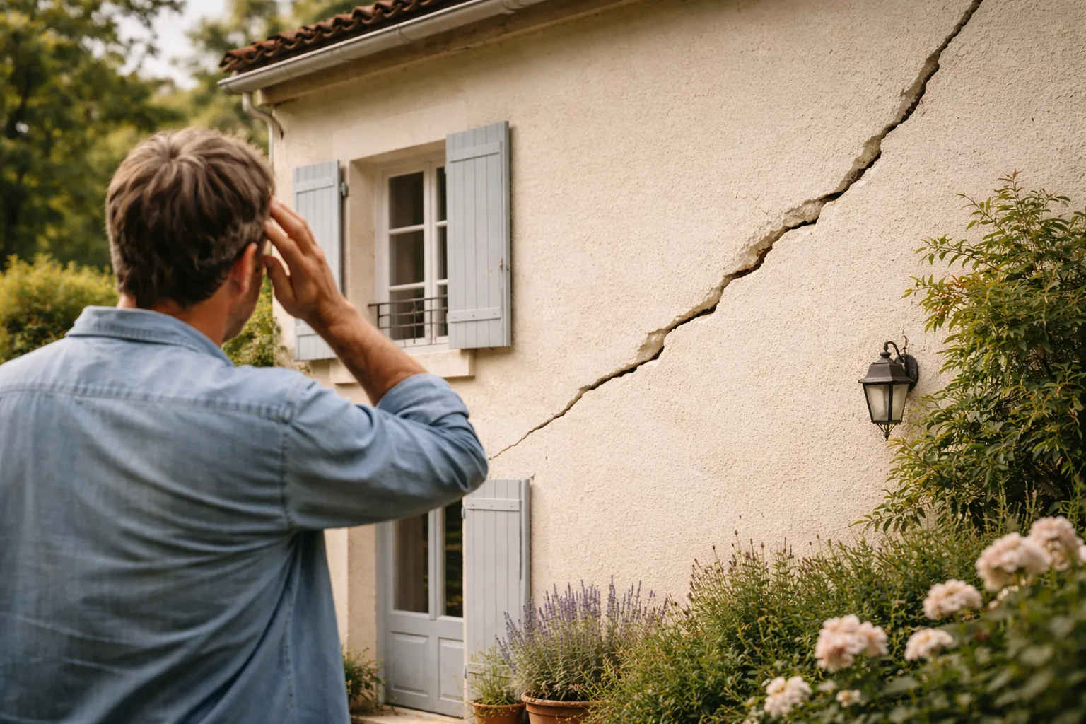 Proprietaire observant une fissure sur la facade de sa maison